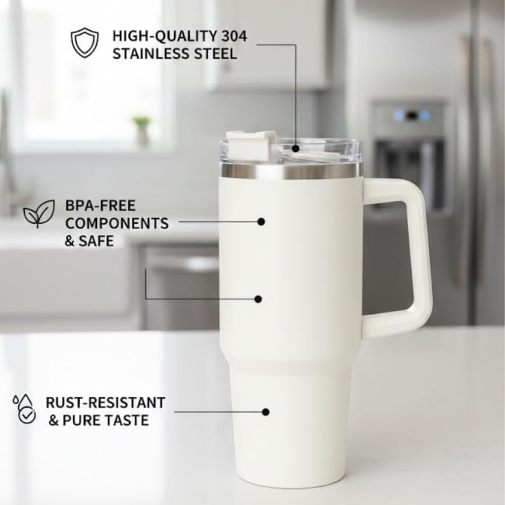 Premium 40oz Stainless Steel Insulated Travel Mug with Handle & Straw